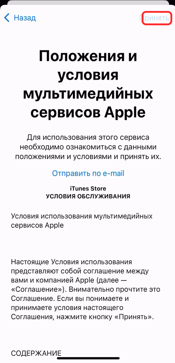 Принятие условий Apple